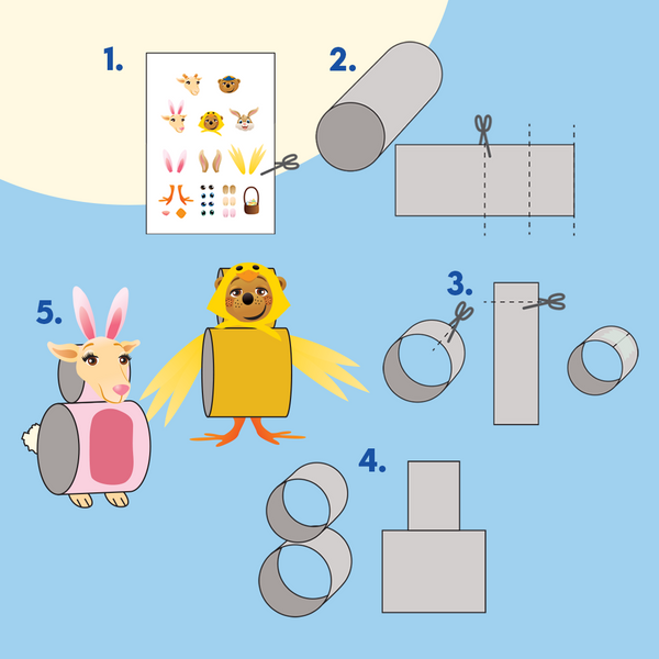 Steg för steg hur man gör påskharar av toarullar