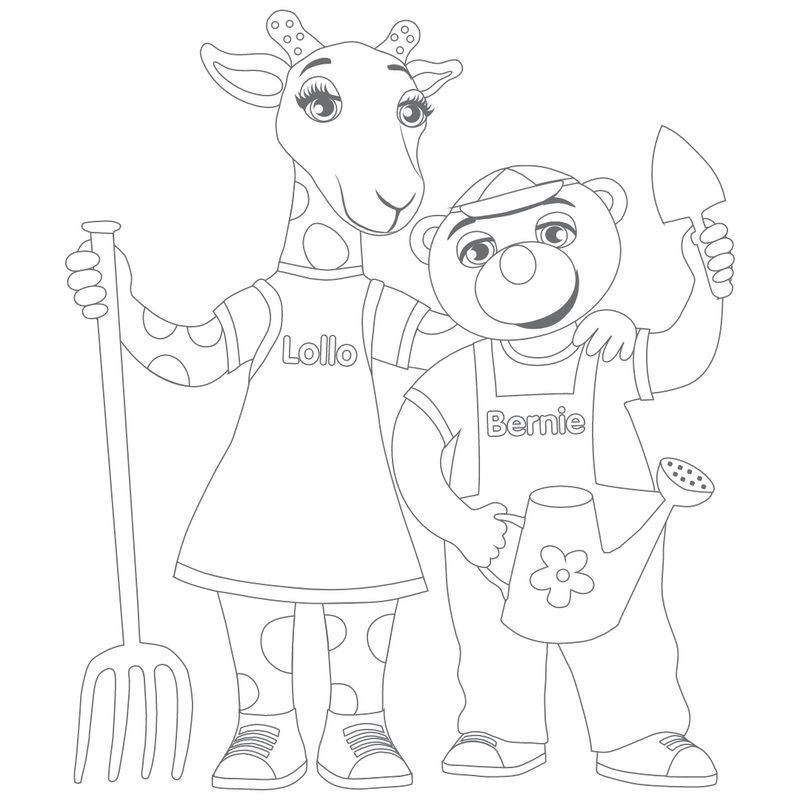 Väritettävä kuva Lollosta ja Berniestä rakentamassa hiekkalinnaa