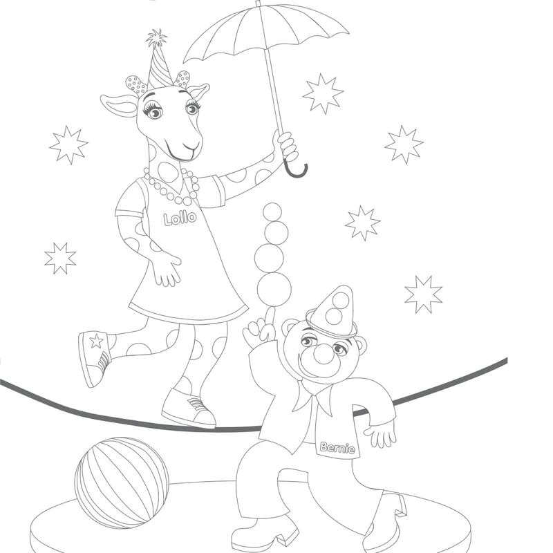 Väritettävä kuva Lollosta ja Berniestä sirkuksessa