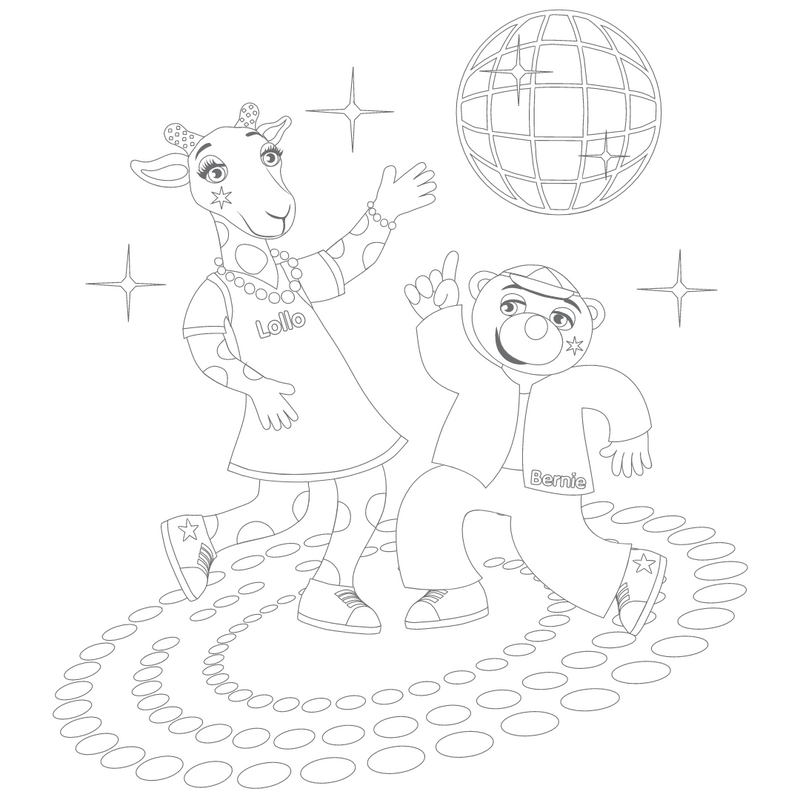 Väritettävä kuva Lollosta ja Berniestä diskossa