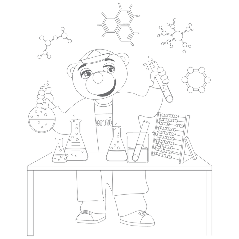 Väritettävä kuva Berniestä tekemässä kokeita
