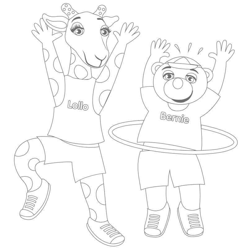 Väritettävä kuva Lollosta ja Berniestä hulavanteen kanssa