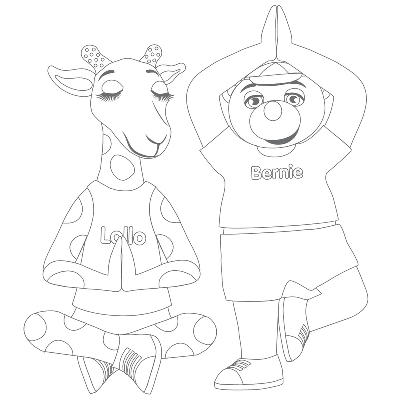 Väritettävä kuva Lollosta ja Berniestä tekemässä joogaa