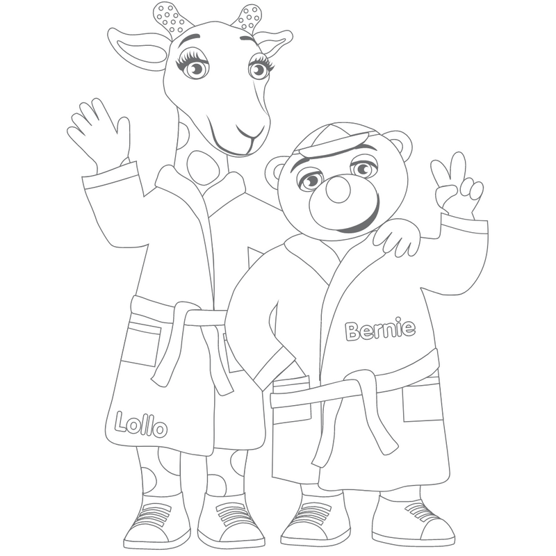 Väritettävä kuva Lollosta ja Berniestä aamutakeissa
