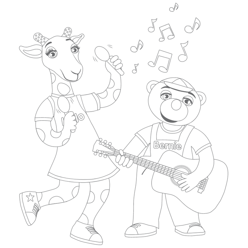 Väritettävä kuva Lollosta ja Berniestä soittamassa soittimia