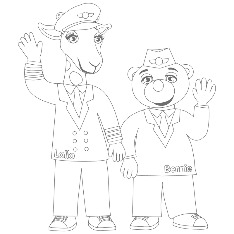 Väritettävä kuva Lollosta ja Berniestä pukeutuneena lentäjiksi