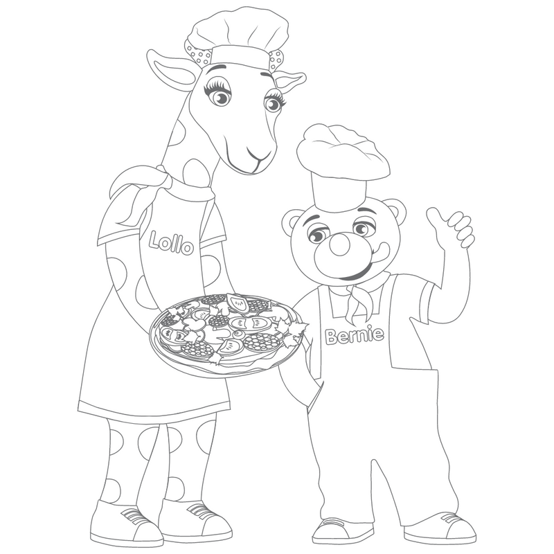 Väritettävä kuva Lollosta ja Berniestä pizzanpaistajina