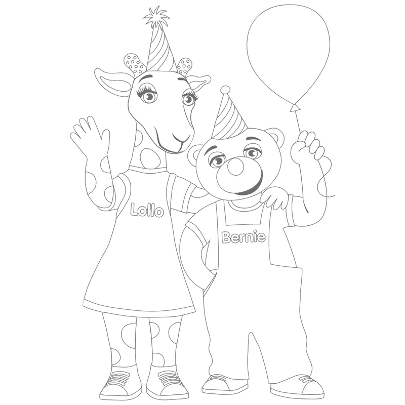 Väritettävä kuva Lollosta ja Berniestä ilmapallon kanssa