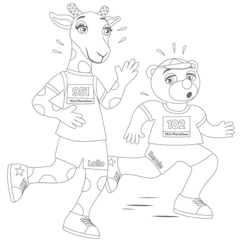 Väritettävä kuva Lollosta ja Berniestä juoksemassa kilpailussa
