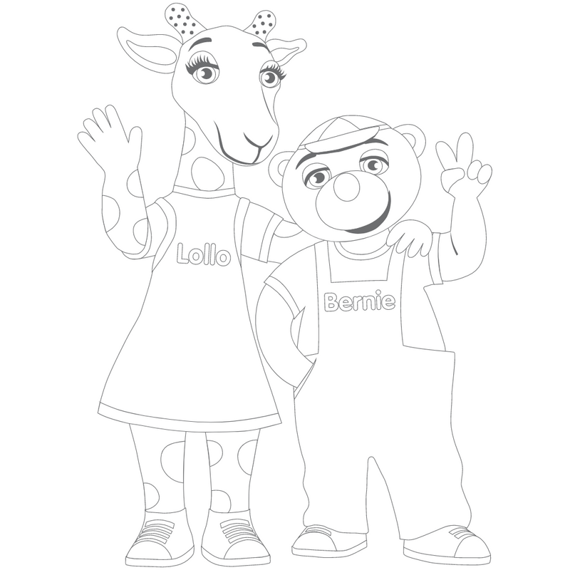 Väritettävä kuva Lollosta ja Berniestä tekemässä peace-merkkiä