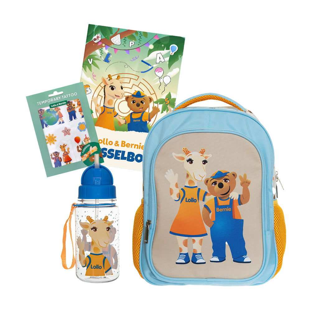 Børnehavepakke - blå (rygsæk, vandflaske, tatoveringer og aktivitetsbog)