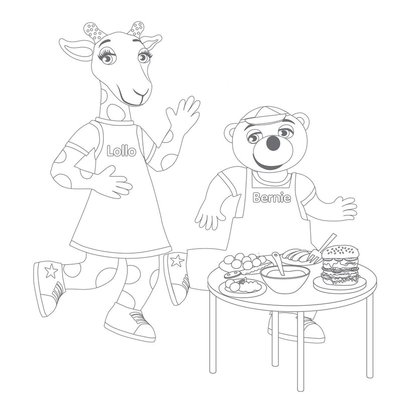 Väritettävä kuva Lollosta ja Berniestä matkalla buffetille