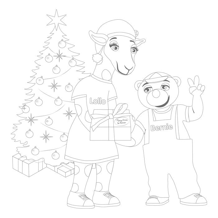 Lollo & Bernie med julgran och delar ut klappar