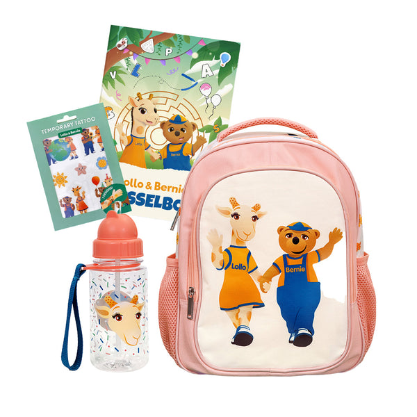 Barnehagepakke - rosa (ryggsekk, vannflaske, tattoveringer og aktivitetsbok)