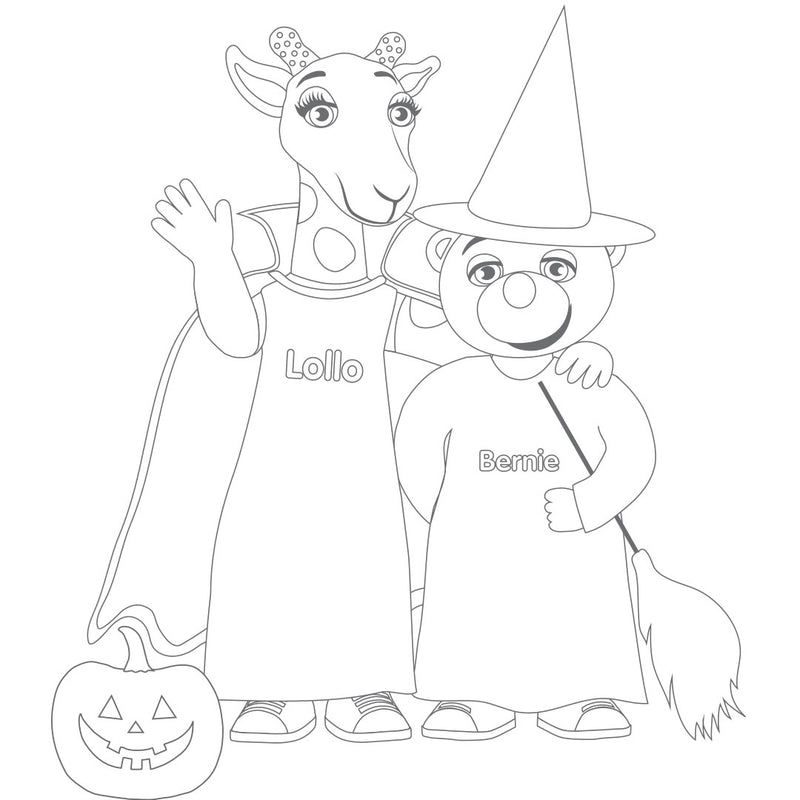 Väritettävä kuva halloweeniksi pukeutuneista Lollosta ja Berniestä