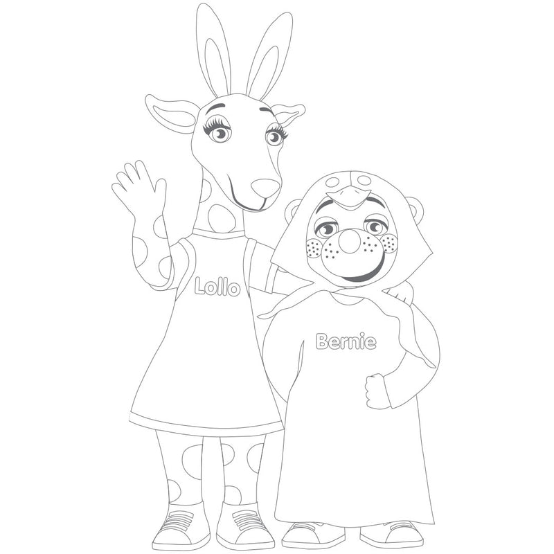 Väritettävä kuva pääsiäiskoristelluista Lollosta ja Berniestä